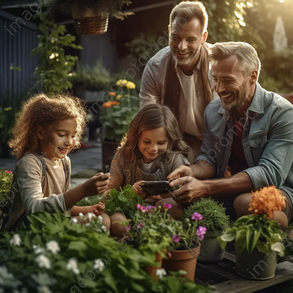 Family planting flowers together in the backyard garden. - Image 1