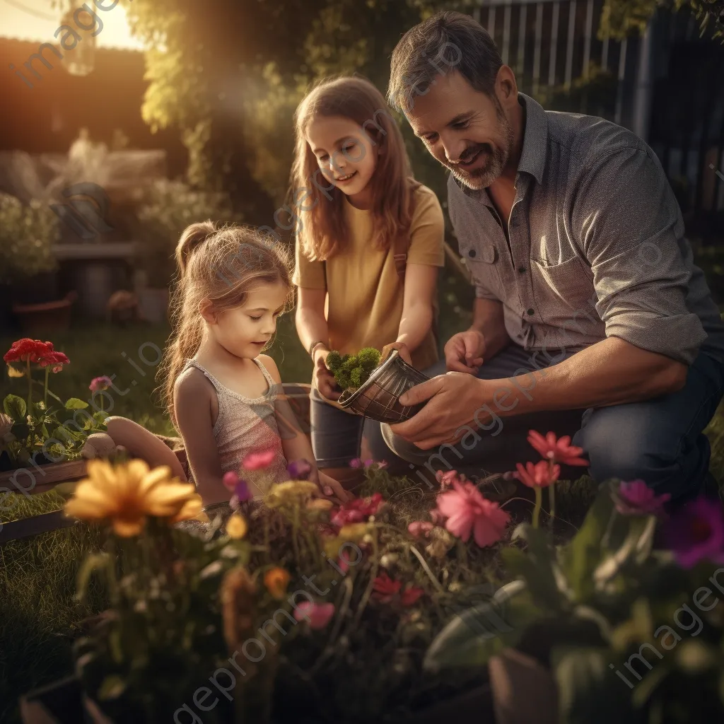 Family planting flowers together in the backyard garden. - Image 2