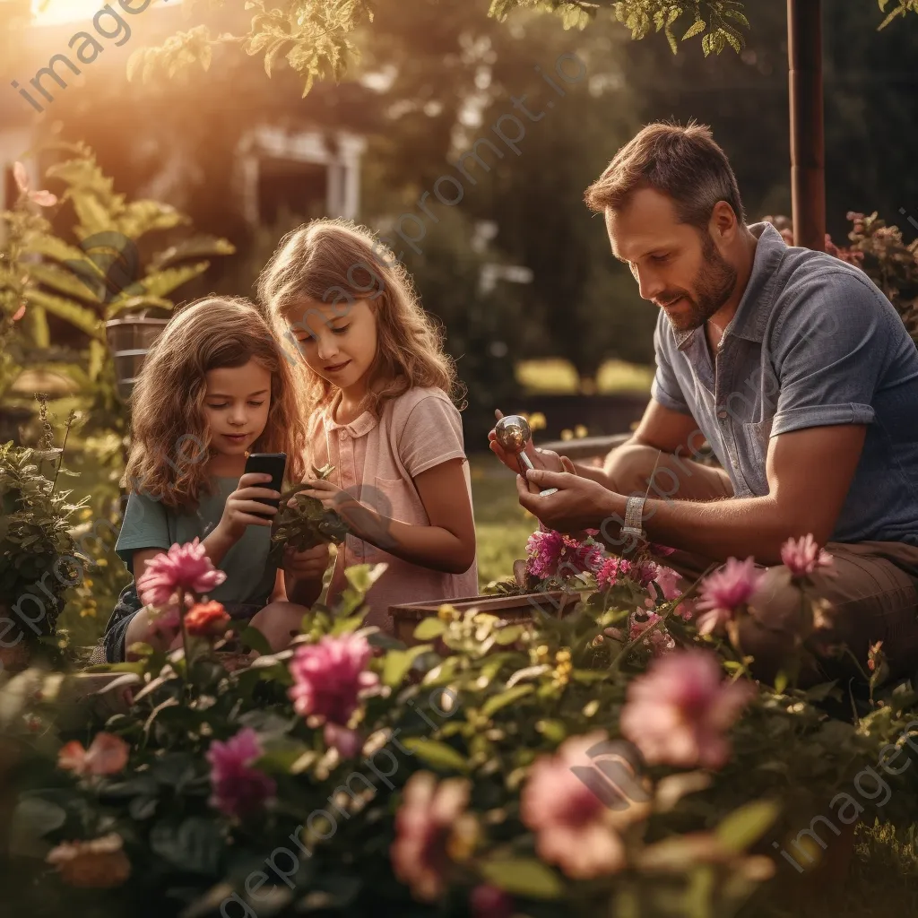 Family planting flowers together in the backyard garden. - Image 3