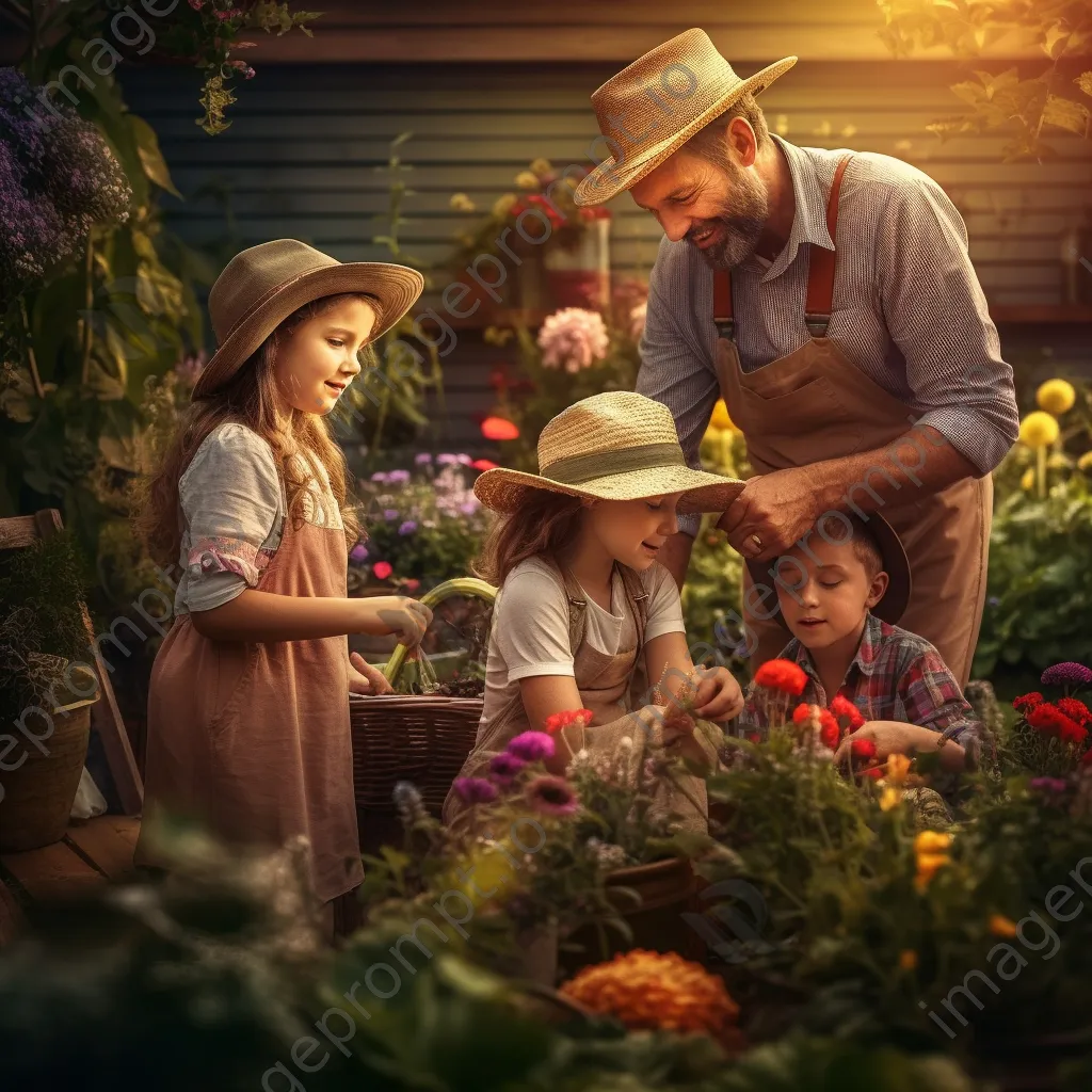 Family planting flowers together in the backyard garden. - Image 4