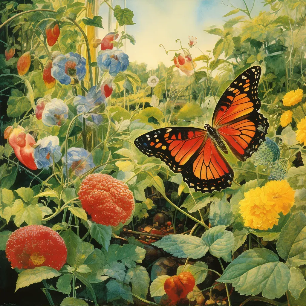 Visual of a caterpillar metamorphosing into a vibrant butterfly in a lush garden in an image generated by a prompt. - Image 1