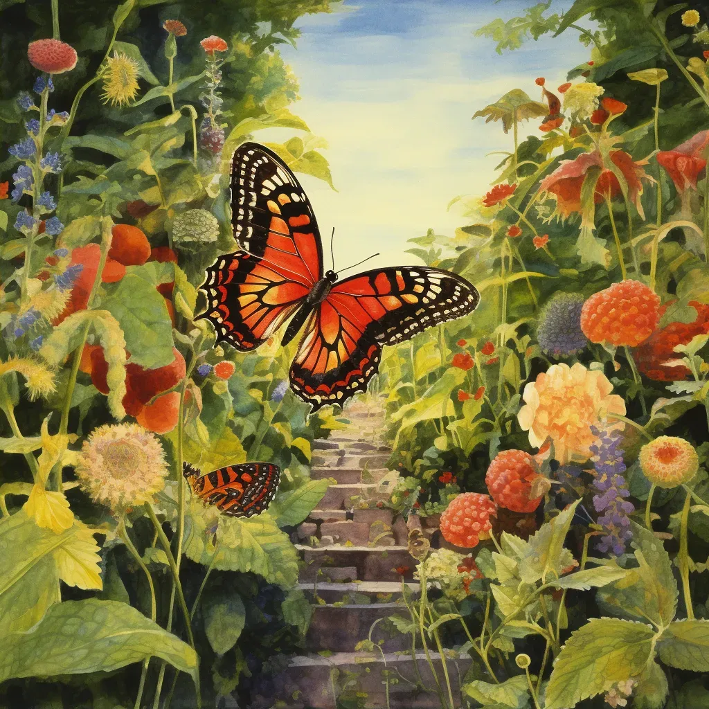 Visual of a caterpillar metamorphosing into a vibrant butterfly in a lush garden in an image generated by a prompt. - Image 2