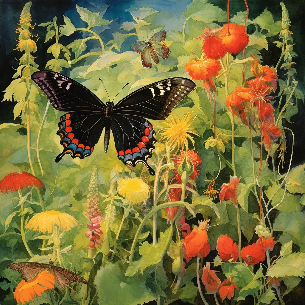 Visual of a caterpillar metamorphosing into a vibrant butterfly in a lush garden in an image generated by a prompt. - Image 4