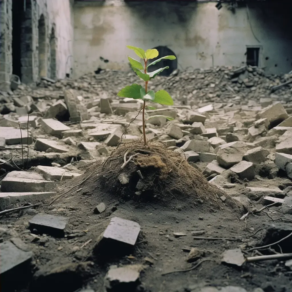 Young plant growing from ruins of fallen empire - Image 4