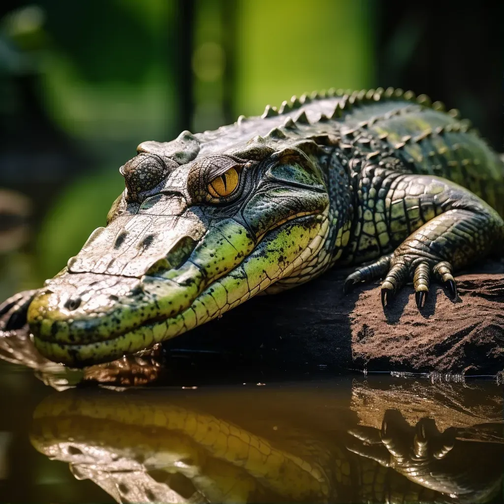 Sleek caiman on sunlit rock by tranquil river - Image 1