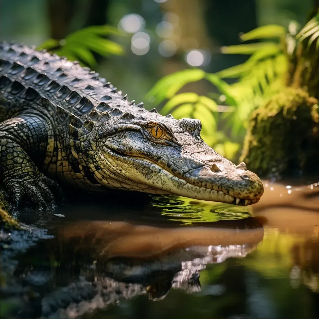 Caiman Sunbathing by Tranquil River