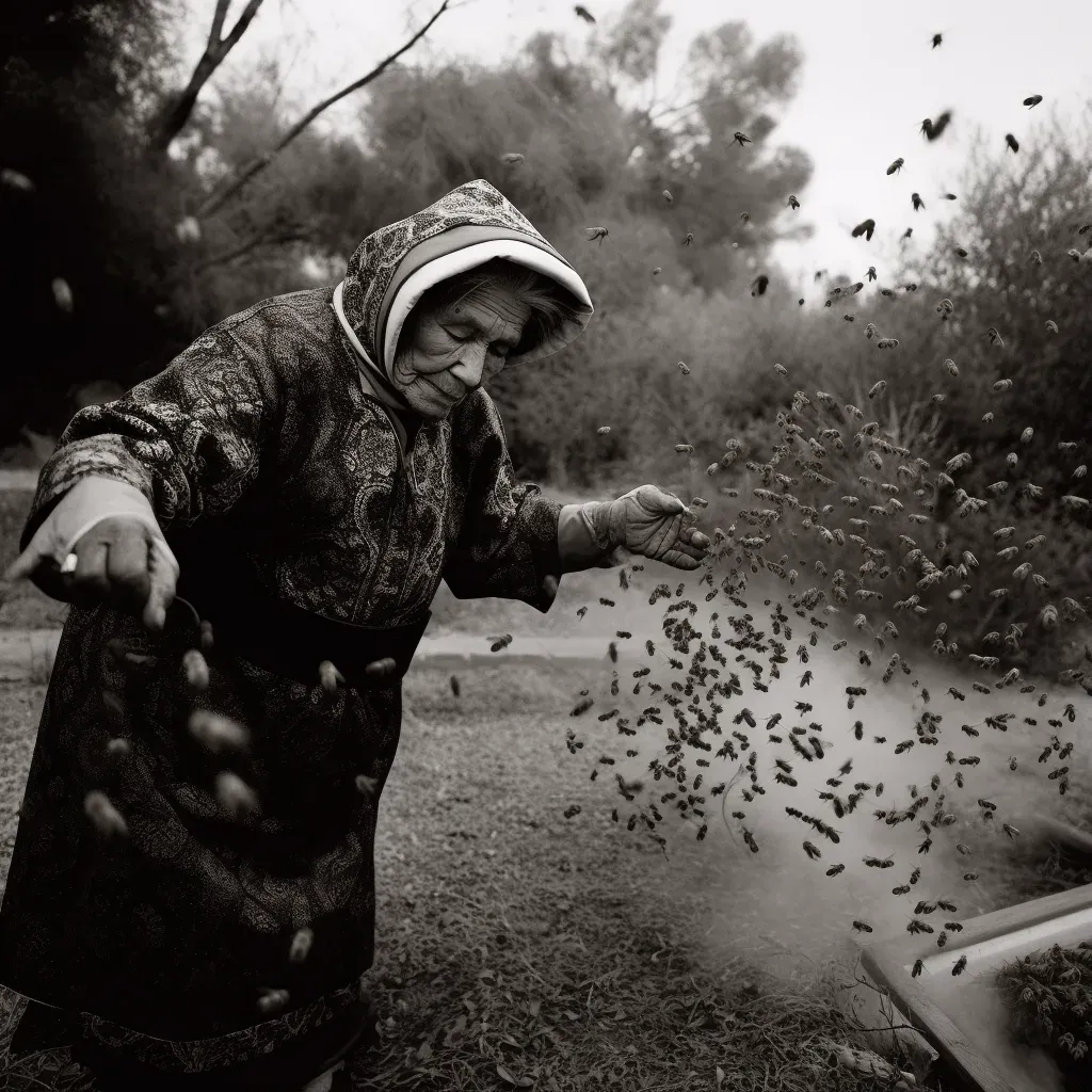 Woman harvesting herbs in a green garden with bees - Image 1