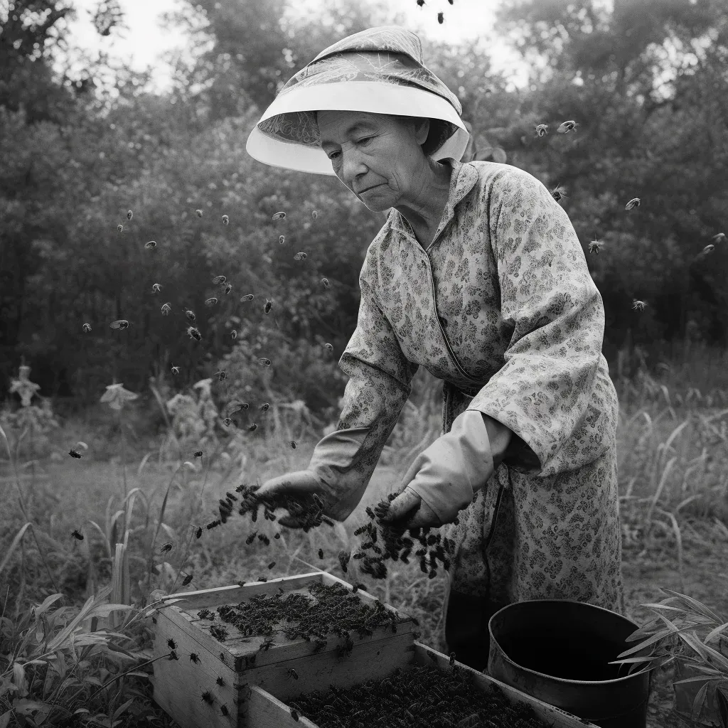 Woman harvesting herbs in a green garden with bees - Image 3