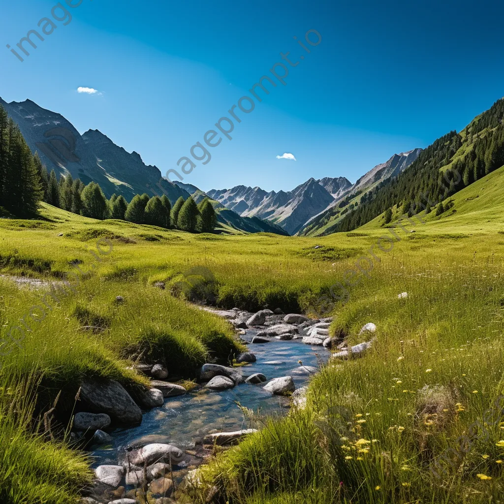 Panoramic view of an alpine meadow with a stream and lush mountainous background. - Image 1