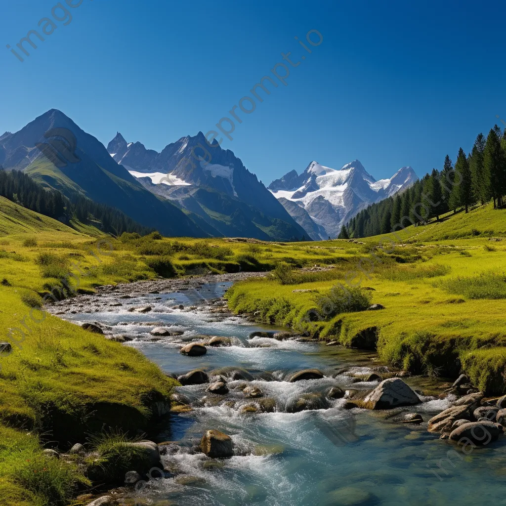 Panoramic view of an alpine meadow with a stream and lush mountainous background. - Image 2