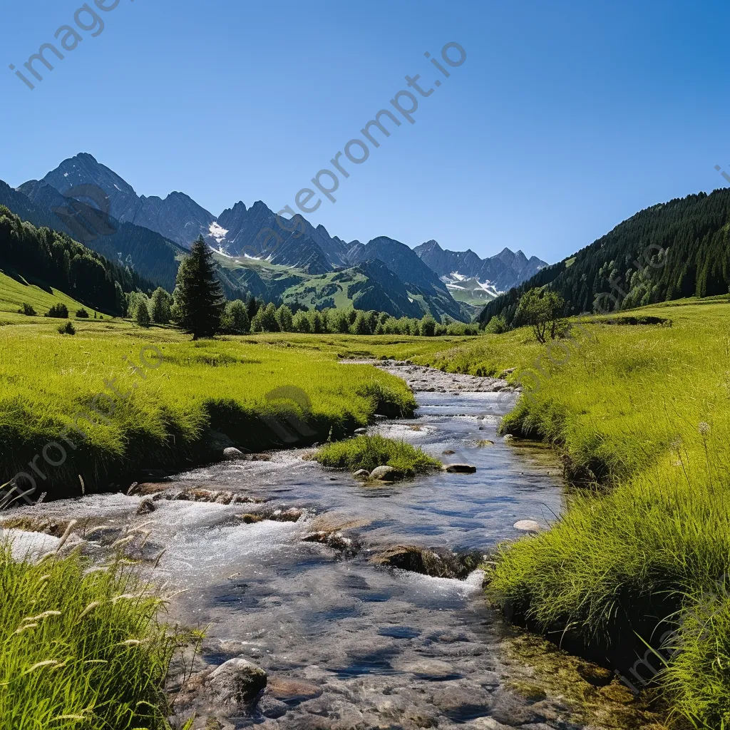 Panoramic view of an alpine meadow with a stream and lush mountainous background. - Image 3