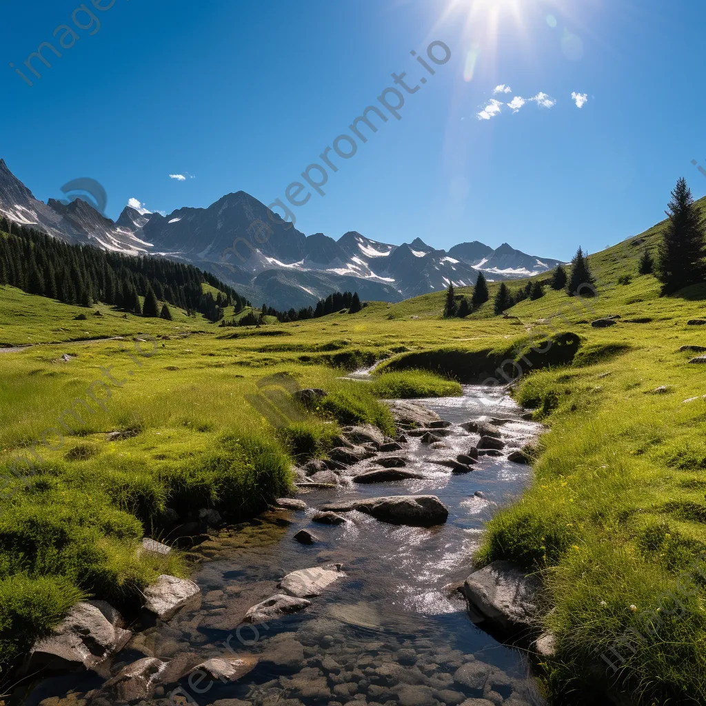 Panoramic view of an alpine meadow with a stream and lush mountainous background. - Image 4