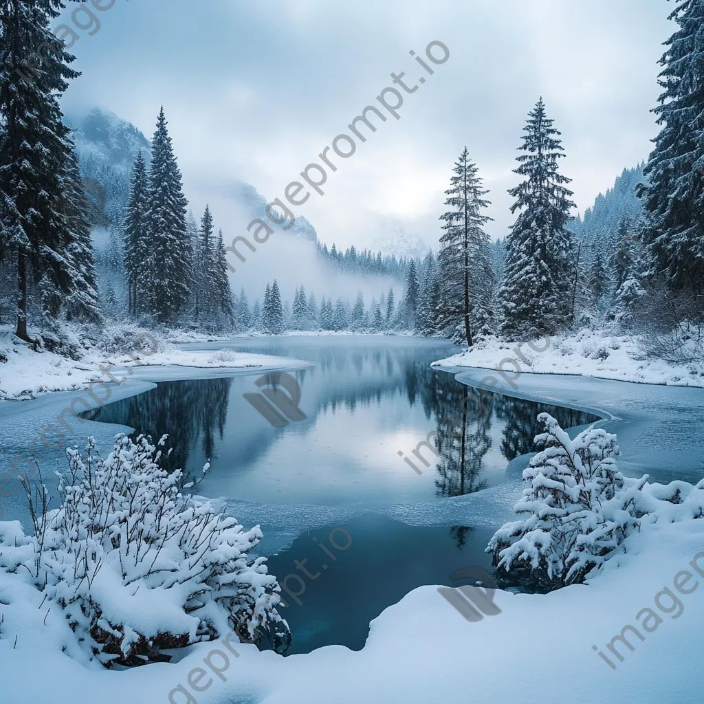 Secluded alpine lake surrounded by snow-covered trees in winter - Image 1