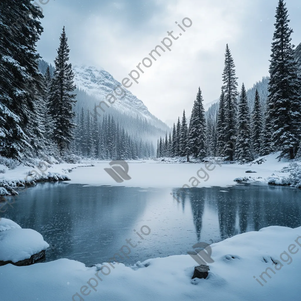 Secluded alpine lake surrounded by snow-covered trees in winter - Image 2