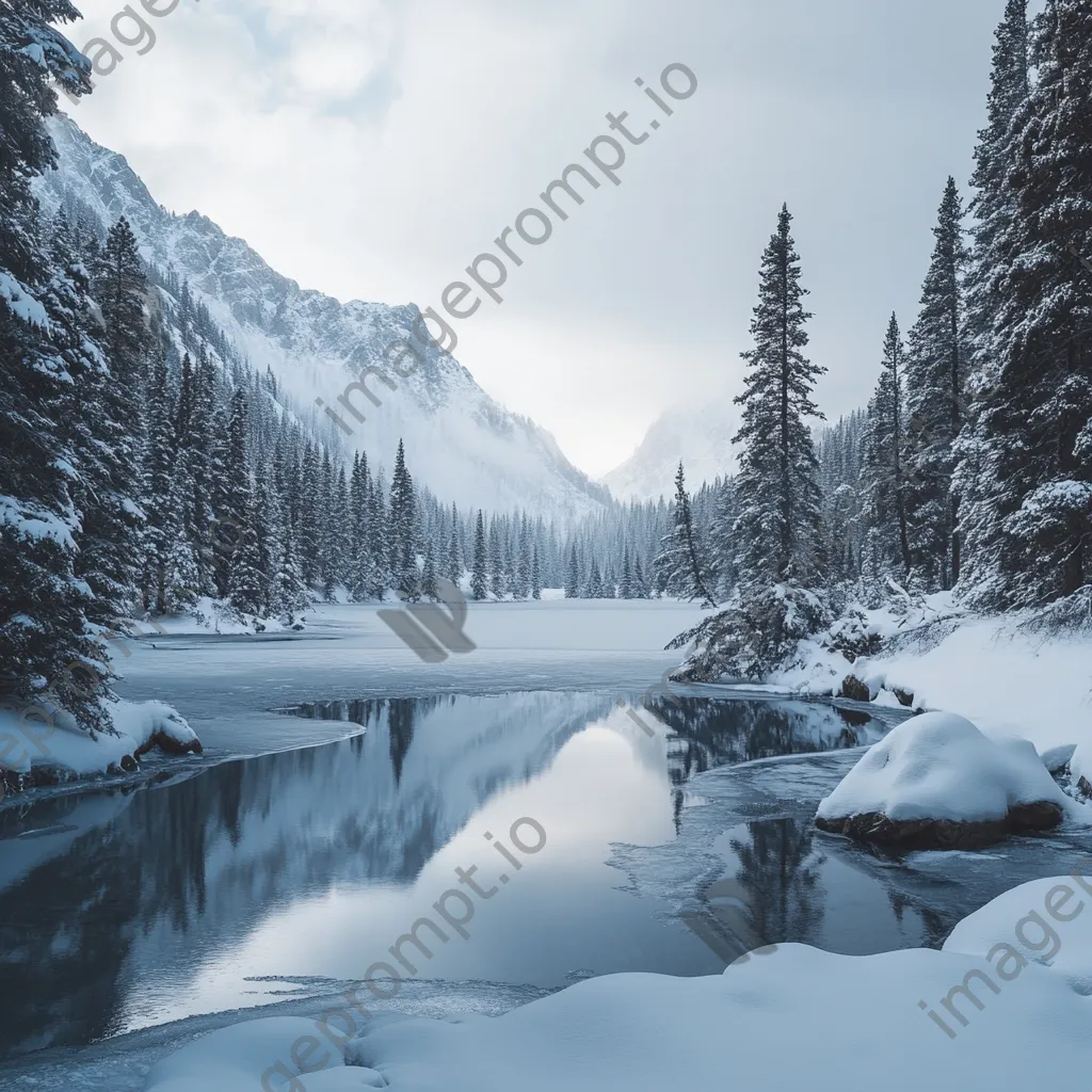 Secluded alpine lake surrounded by snow-covered trees in winter - Image 3