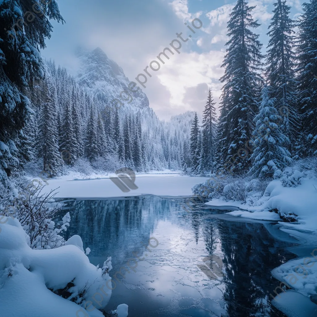 Secluded alpine lake surrounded by snow-covered trees in winter - Image 4