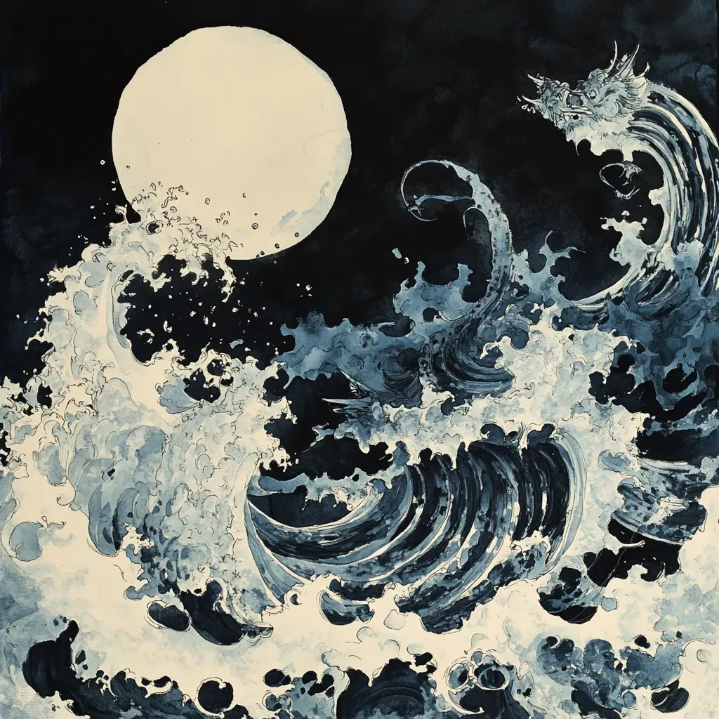 Minimalistic Japanese-style ink painting of a moonlit seascape with lurking nightmare beasts - Image 2