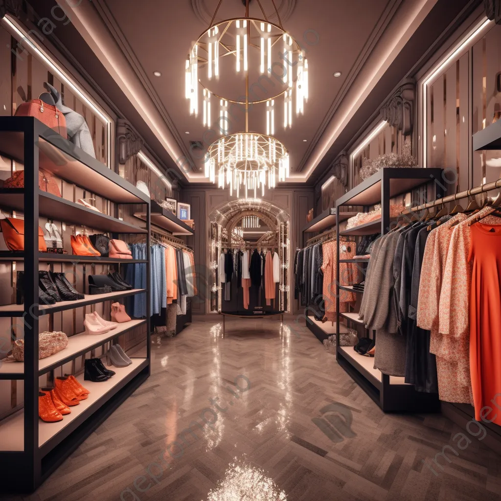 Aisle of a boutique filled with clothing and soft overhead lighting. - Image 3