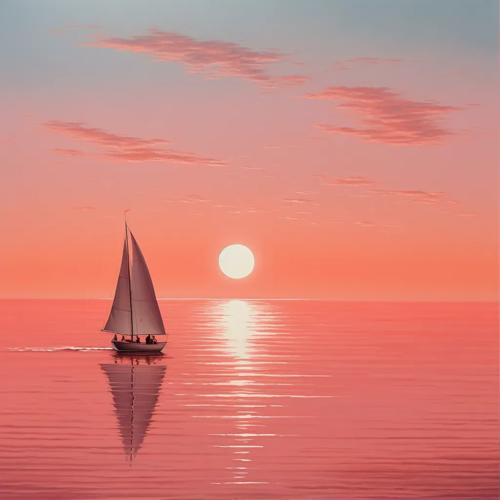 Lone sailboat on a vast, tranquil sea under a coral pink sunset sky - Image 1