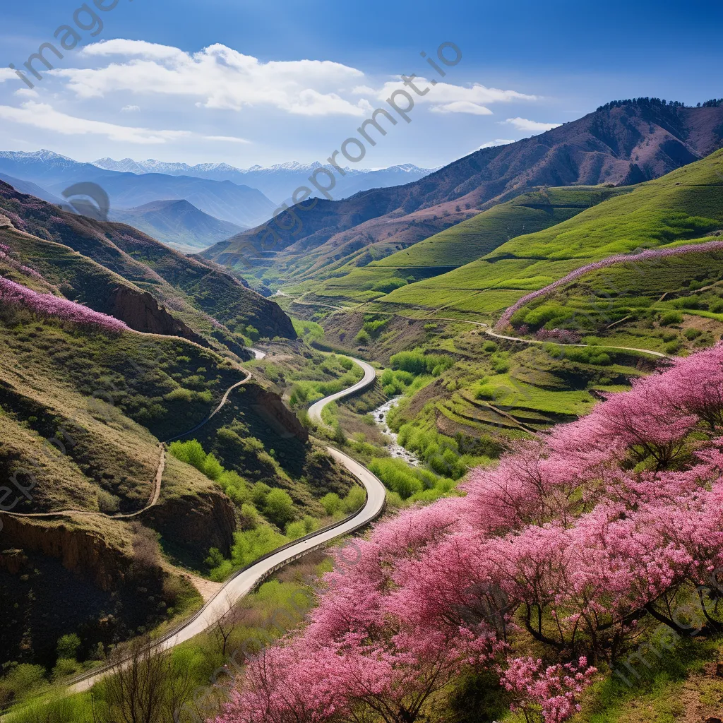 Mountain pass adorned with cherry blossoms in spring - Image 1