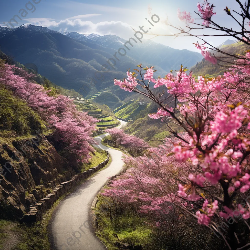 Mountain pass adorned with cherry blossoms in spring - Image 2