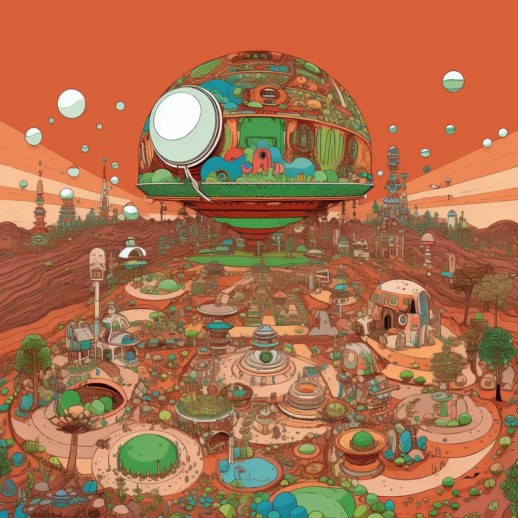 Illustration of a futuristic space colony on Mars with green domes - Image 1