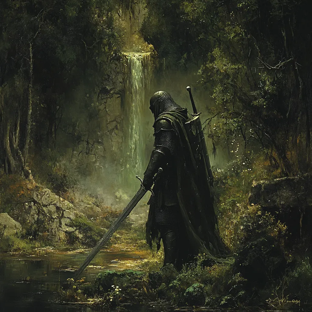 Gothic style artwork of a knight embarking on a quest in mythical forests - Image 3