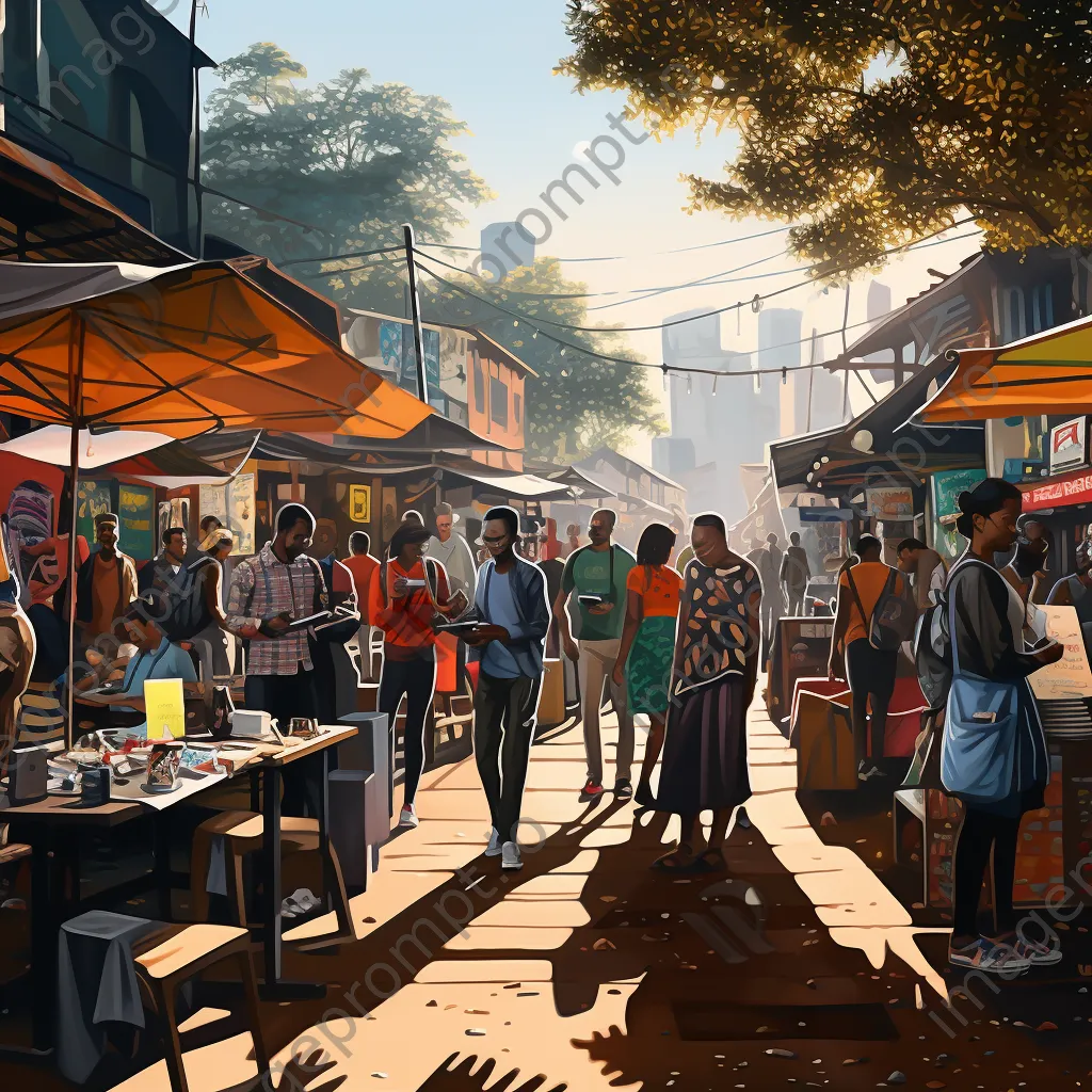 Vendors at a street market engaging in digital payments with smartphones in soft sunlight. - Image 1