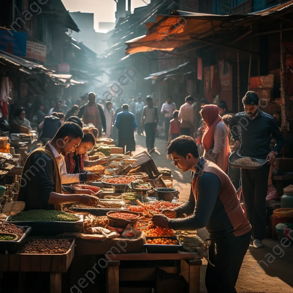 Vendors at a street market engaging in digital payments with smartphones in soft sunlight. - Image 2