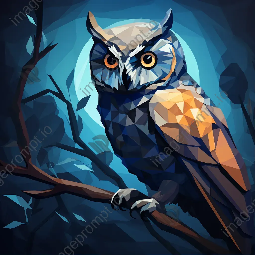 Geometric representation of an owl perched on a branch at night in low poly style - Image 1