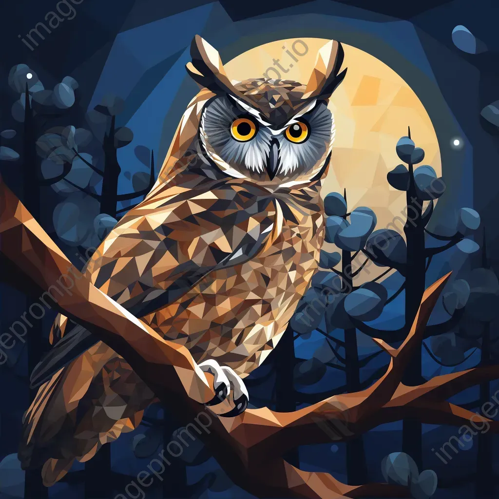 Geometric representation of an owl perched on a branch at night in low poly style - Image 2