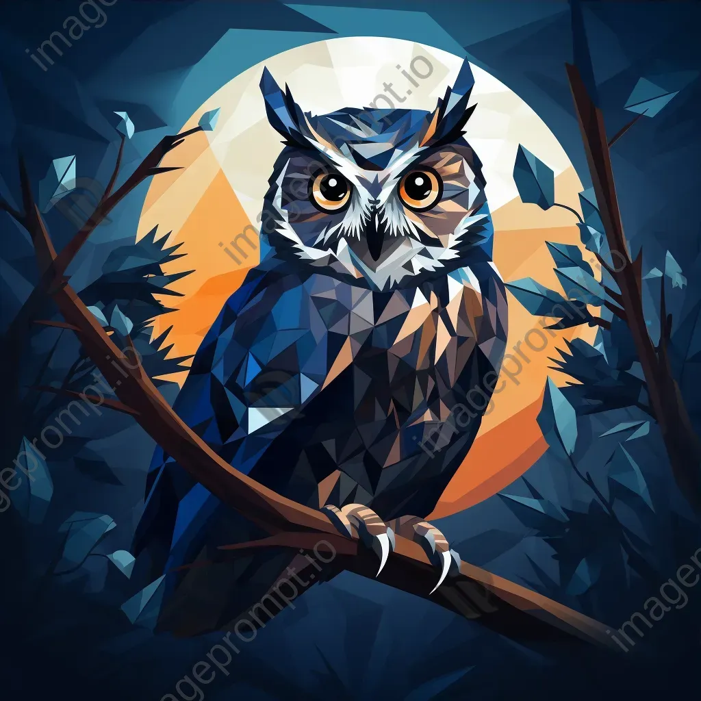 Geometric representation of an owl perched on a branch at night in low poly style - Image 3