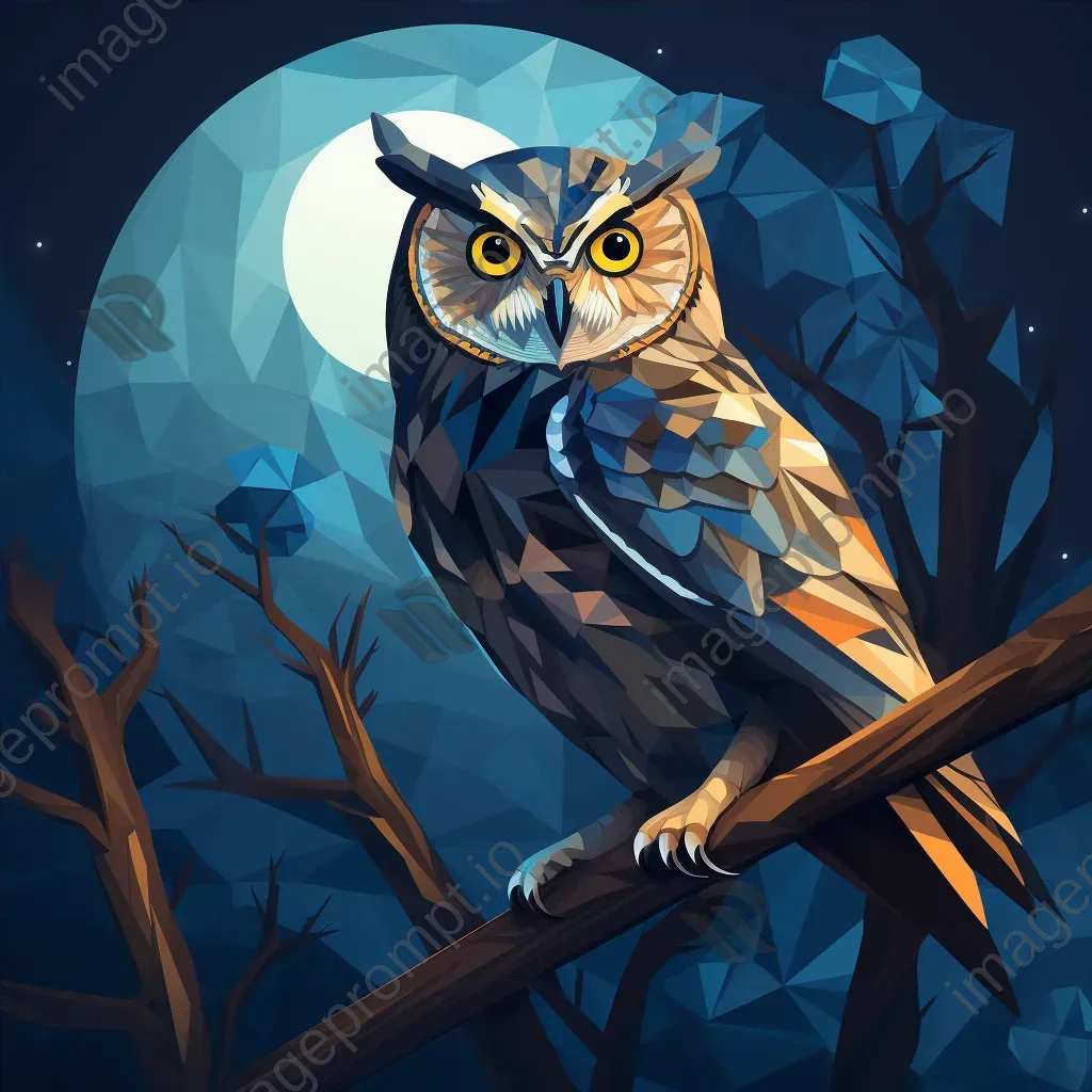 Geometric representation of an owl perched on a branch at night in low poly style - Image 4