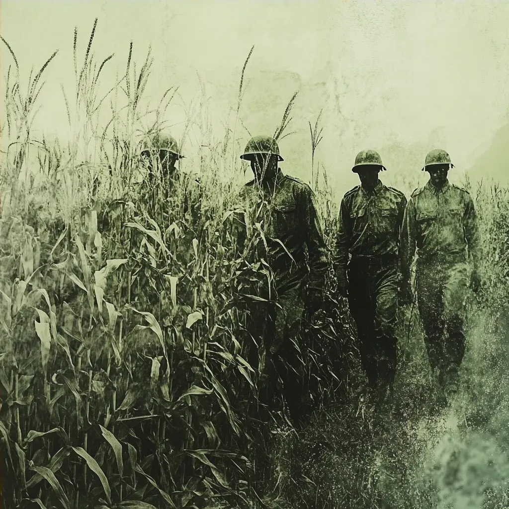 Ghostly soldiers in chiaroscuro effect fading into a tranquil cornfield - Image 4