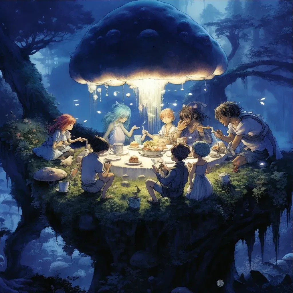 Illustration of a fairy tea party in a moonlit glen with children and fairies sharing stories and laughter - Image 3