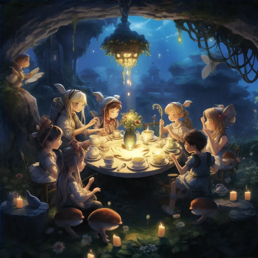 Illustration of a fairy tea party in a moonlit glen with children and fairies sharing stories and laughter - Image 4