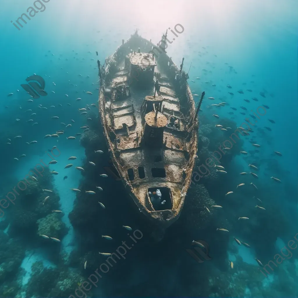 Shipwreck under the sea with silver fish - Image 1