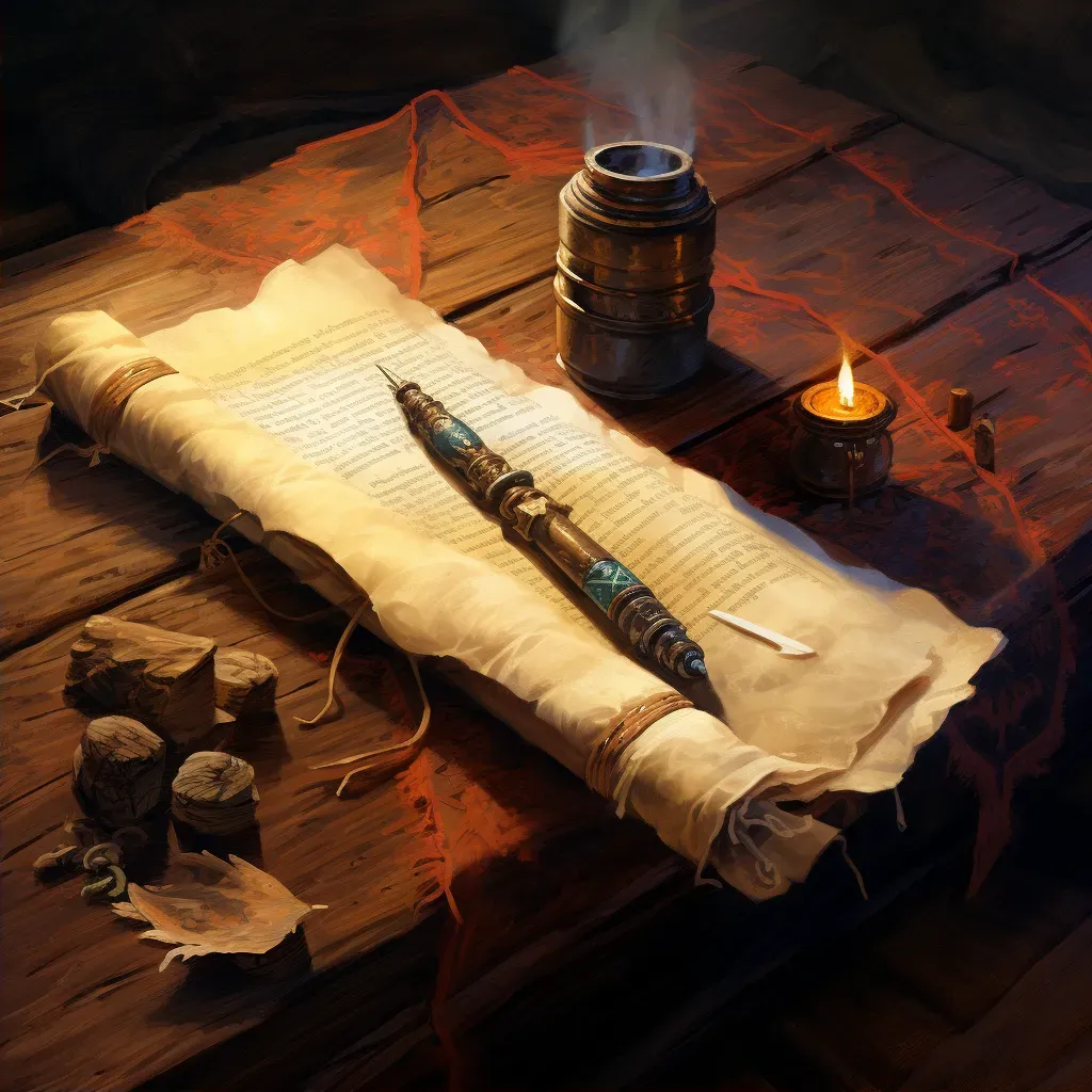 Ancient scroll on a wooden table with a quill and inkpot symbolizing historical documentation - Image 2