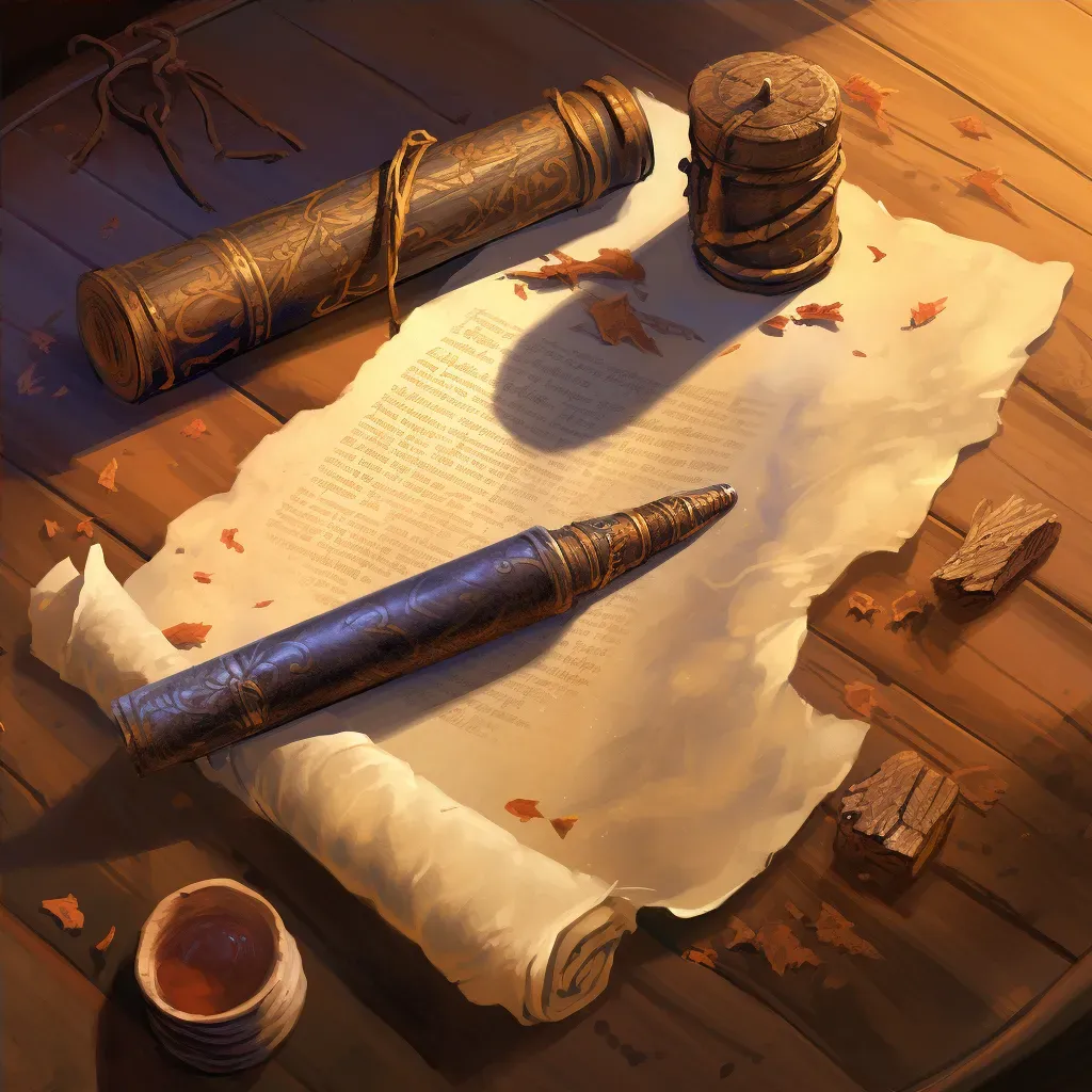 Ancient scroll on a wooden table with a quill and inkpot symbolizing historical documentation - Image 4