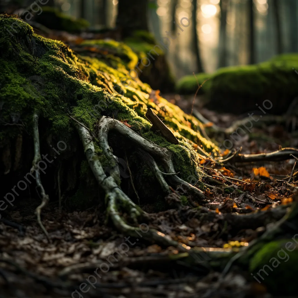 Close-up of cracked soil and moss in a forest understory at twilight. - Image 1