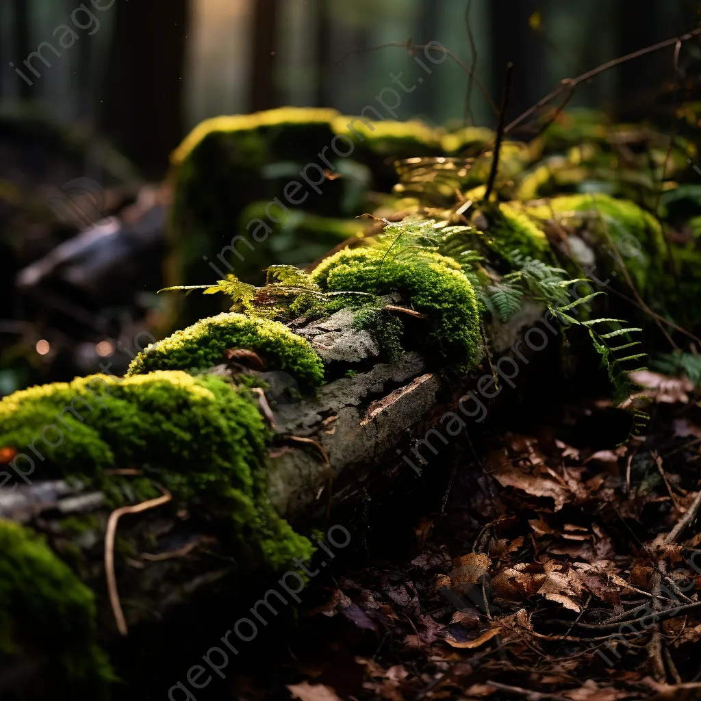 Close-up of cracked soil and moss in a forest understory at twilight. - Image 2