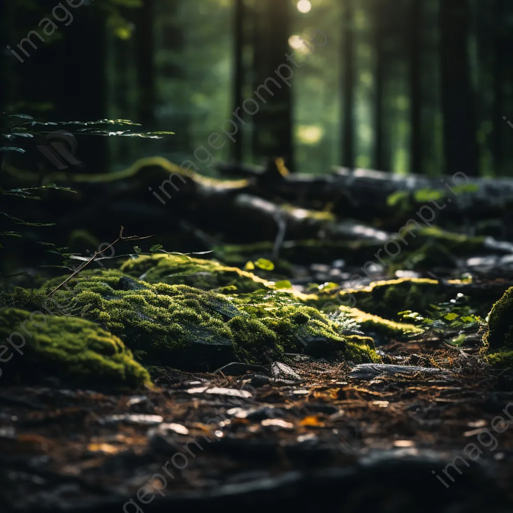 Close-up of cracked soil and moss in a forest understory at twilight. - Image 3