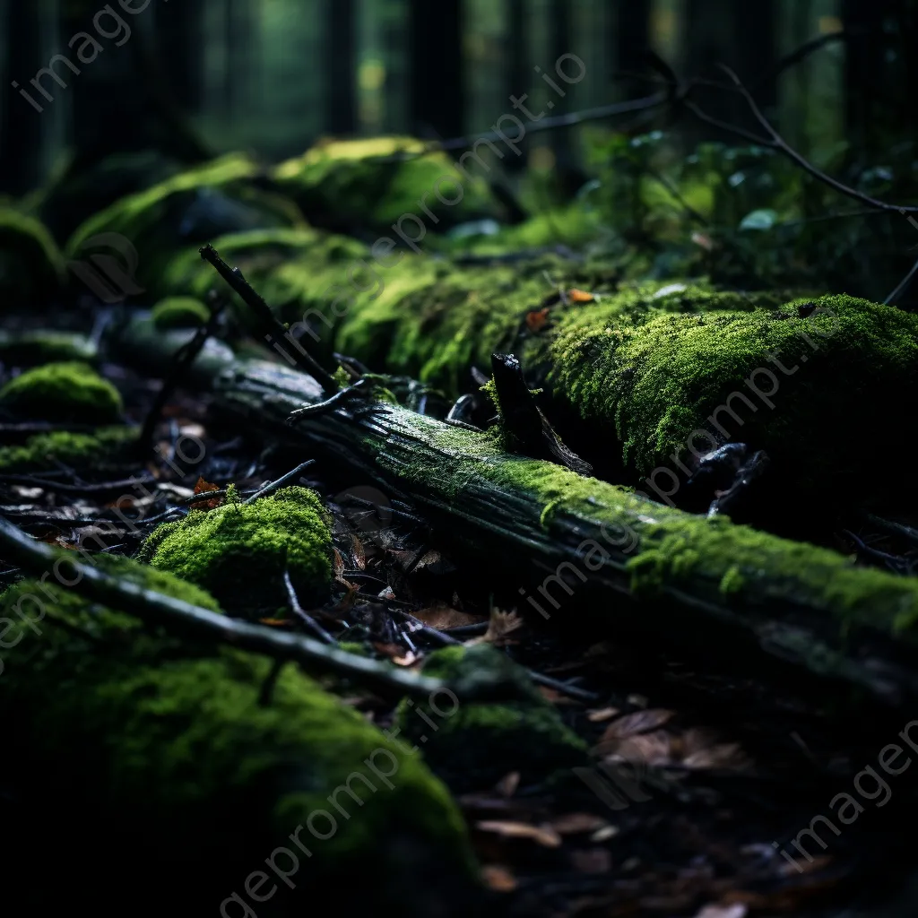 Close-up of cracked soil and moss in a forest understory at twilight. - Image 4