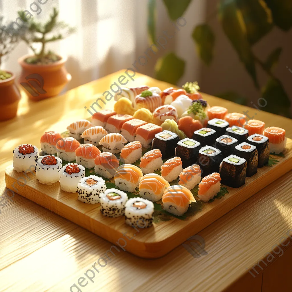 Beautiful sushi platter with various nigiri and maki rolls on a wooden board - Image 1