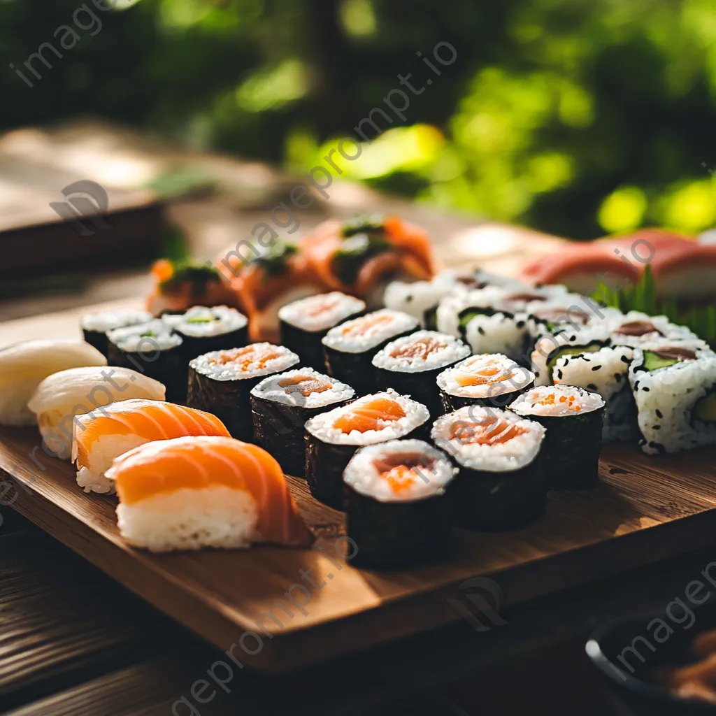 Beautiful sushi platter with various nigiri and maki rolls on a wooden board - Image 2