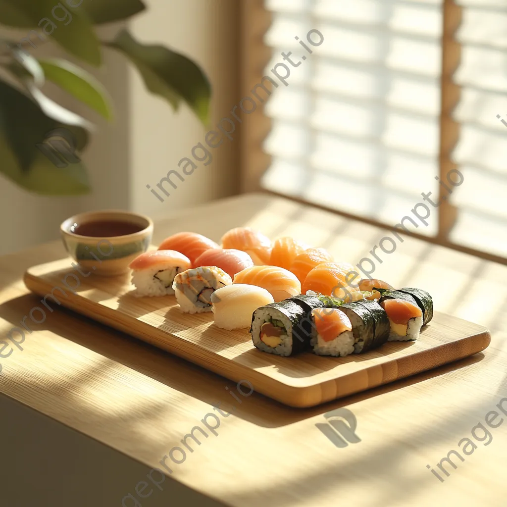 Beautiful sushi platter with various nigiri and maki rolls on a wooden board - Image 3