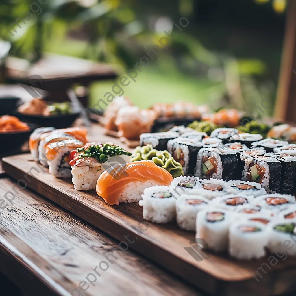 Beautiful sushi platter with various nigiri and maki rolls on a wooden board - Image 4