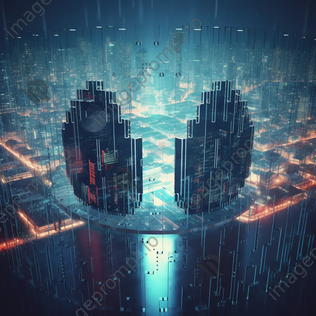 Abstract digital shield design overlaid on futuristic cityscape - Image 1