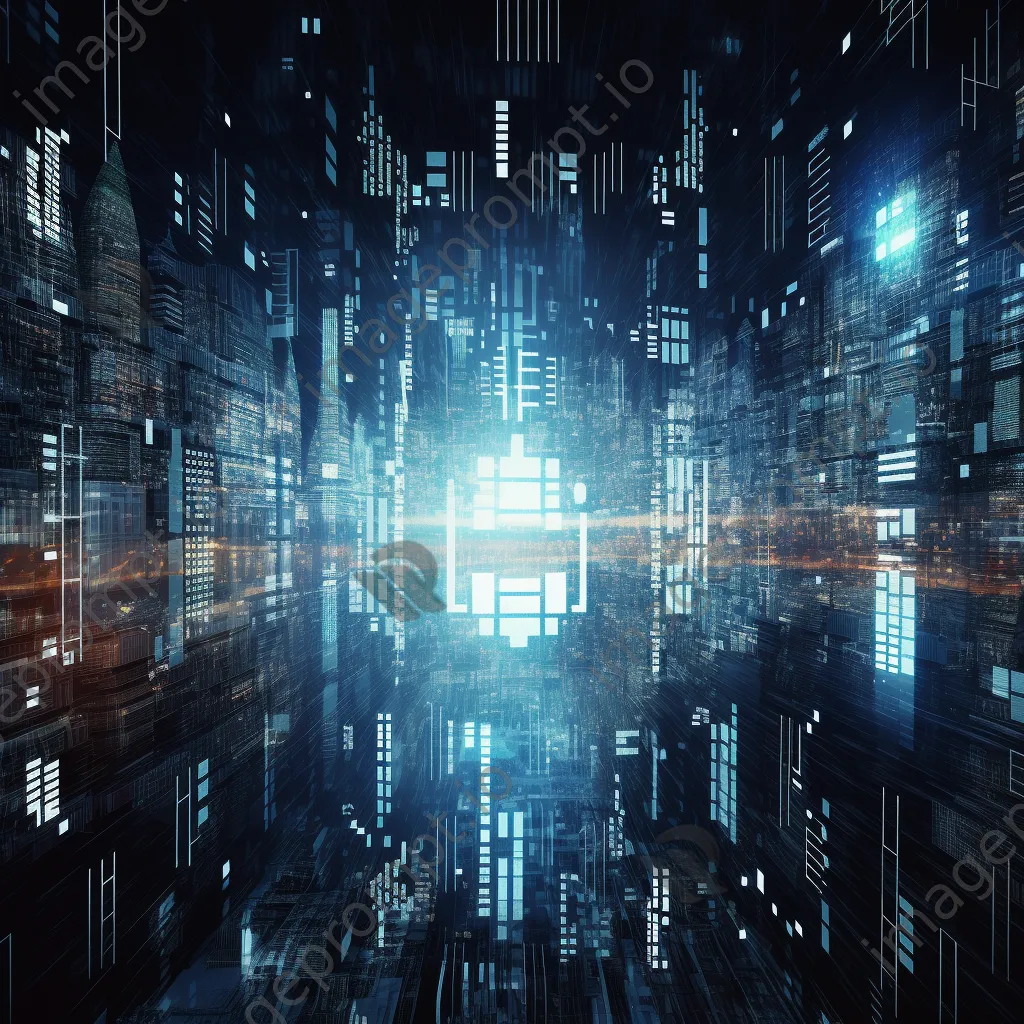 Abstract digital shield design overlaid on futuristic cityscape - Image 2