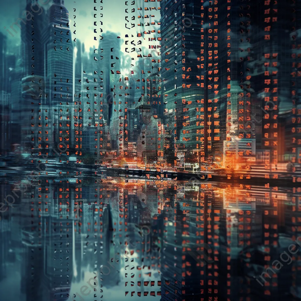 Abstract digital shield design overlaid on futuristic cityscape - Image 3